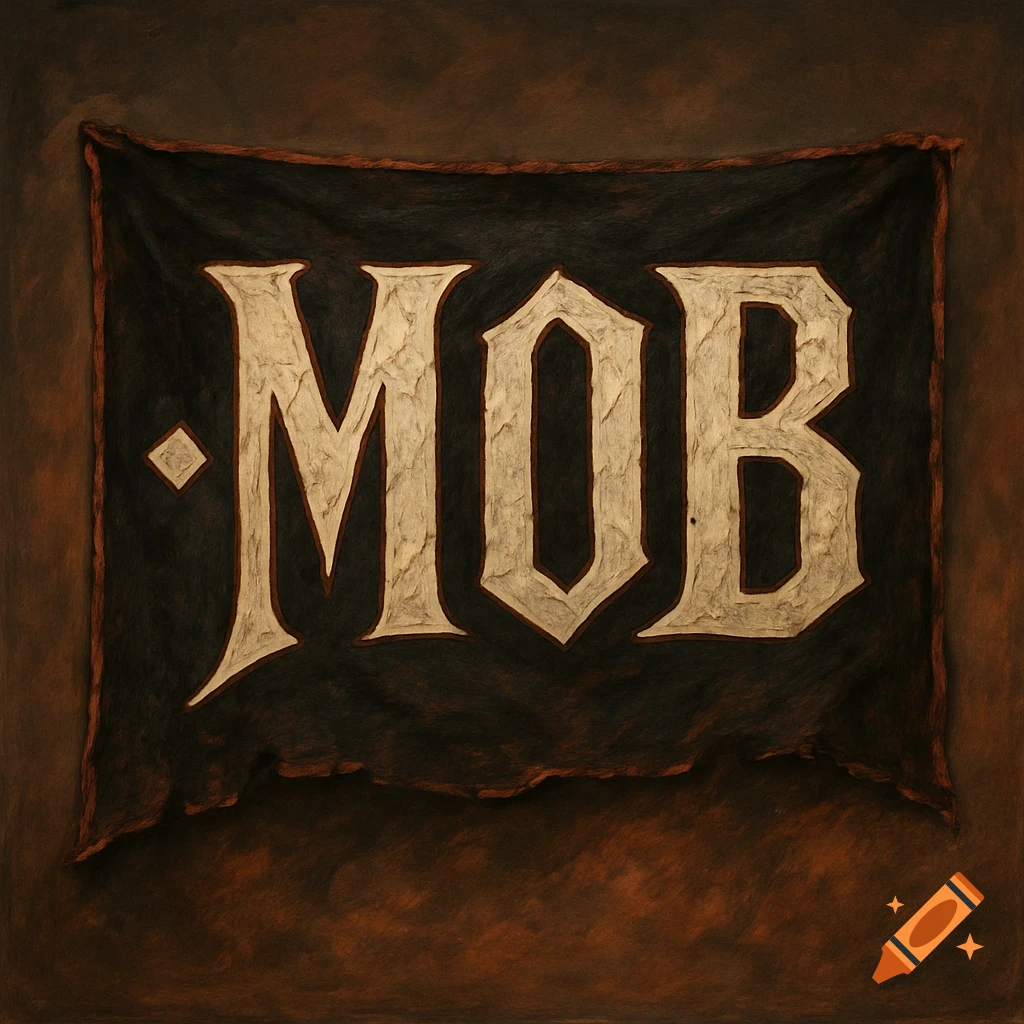 A dark, tattered banner with the word MOB in large, cream-colored, gothic letters, against a dark brown textured background.