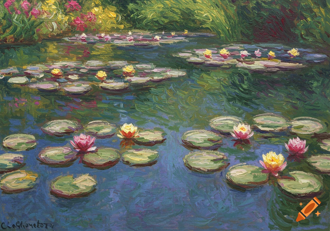 Impressionist painting of water lilies on a pond with green foliage and pink and yellow blossoms