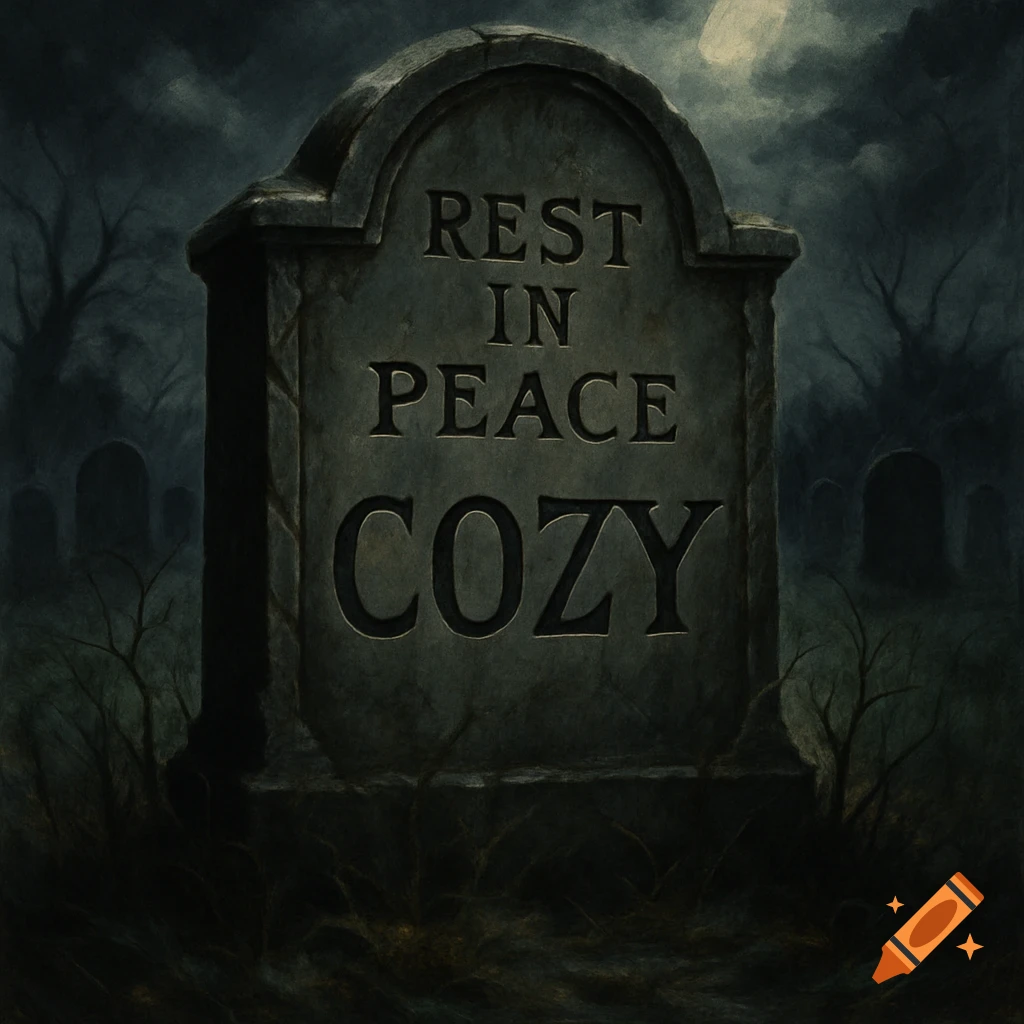 A dark and spooky image of a tombstone in a graveyard with the words "REST IN PEACE COZY" carved into it.