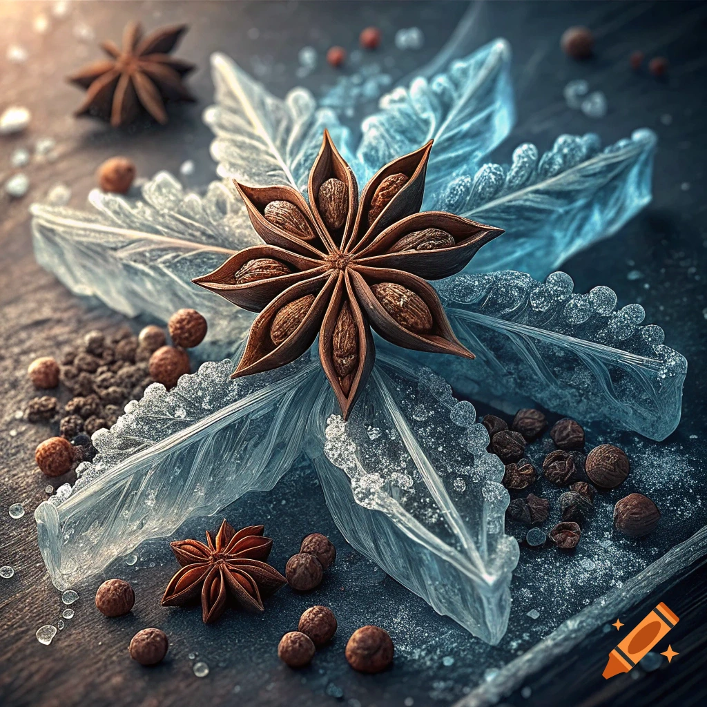 Photorealistic close-up of star anise and peppercorns on icy leaves and a dark wooden surface.