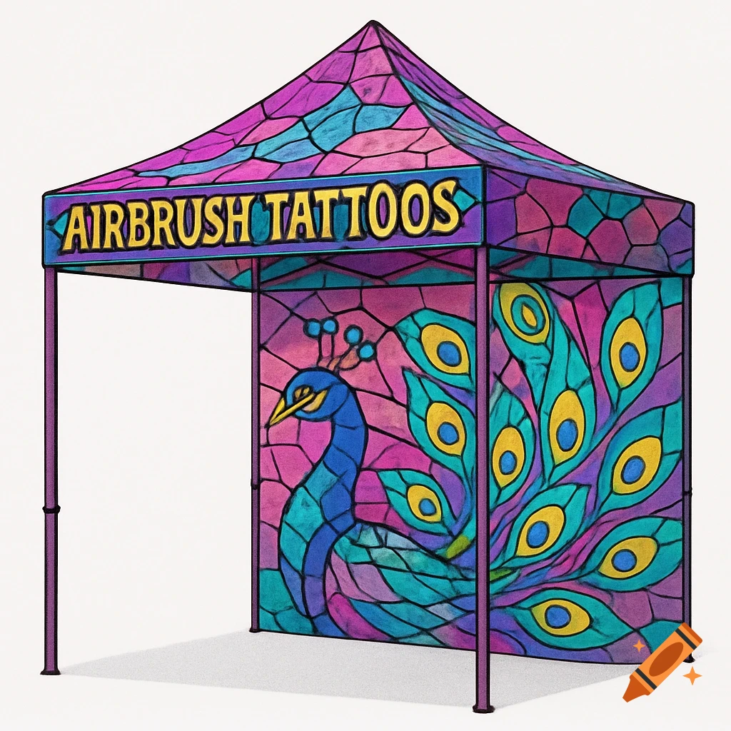 A colorful event tent in stained glass style featuring a peacock and the text 'AIRBRUSH TATTOOS' in pink, purple, teal, and yellow.