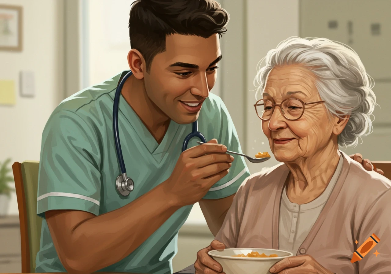 A young male nursing assistant in green scrubs smiles while spoon-feeding an elderly woman with glasses, in a brightly lit room.