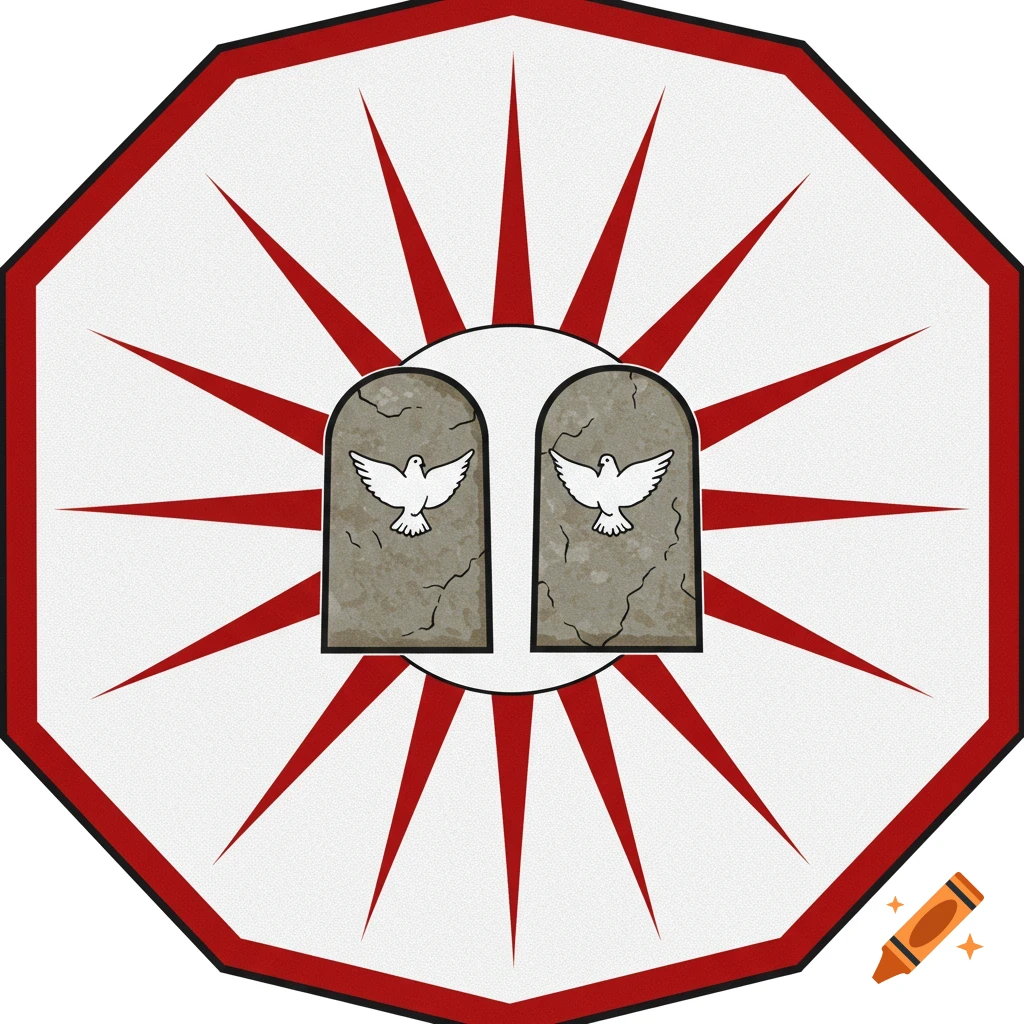 A hex sign with two stone tablets, each with a white dove, centered amidst red radiating points on a white background, framed in red.