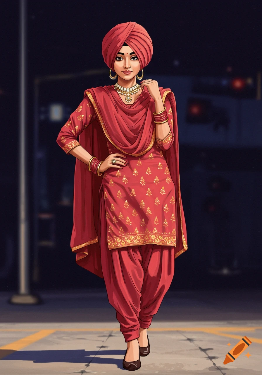 Digital illustration of a confident Punjabi woman in a red salwar kameez with a matching turban and gold patterns.