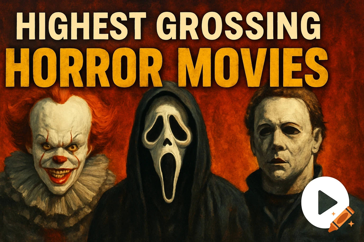 Digital painting of Pennywise, Ghostface, and Michael Myers with text 'Highest Grossing Horror Movies' and a play button.