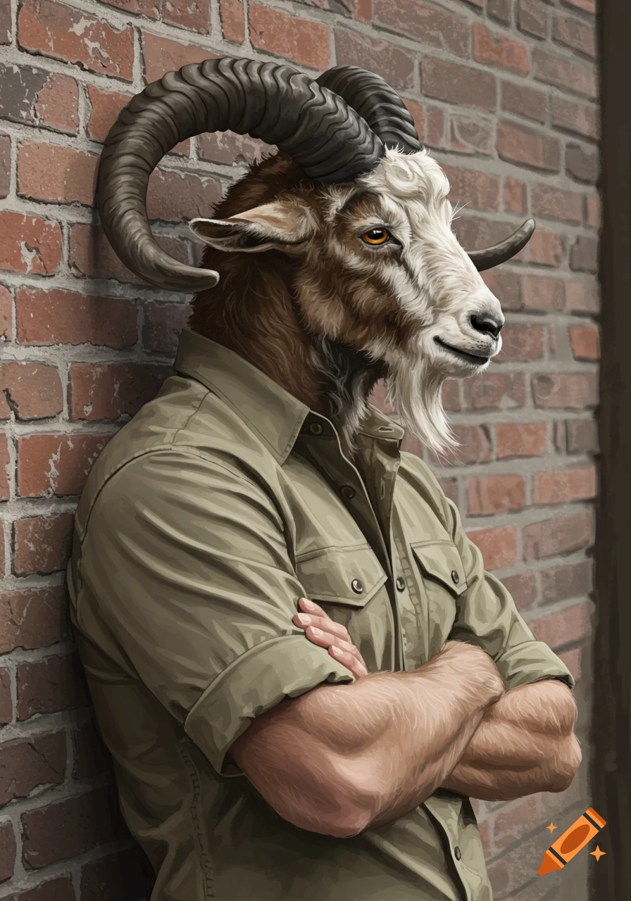 Side view portrait of a goat-headed man with crossed arms, leaning against a brick wall, wearing a khaki button-up shirt.