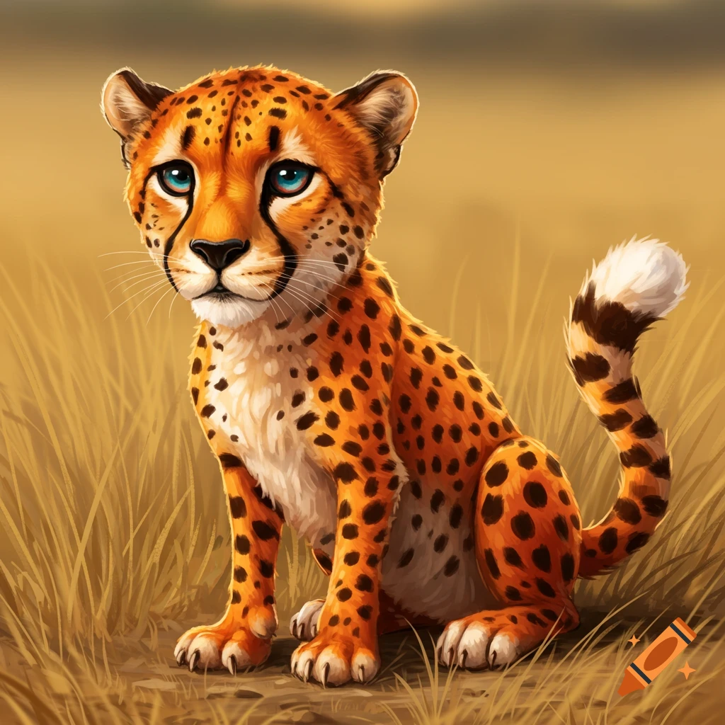 A cute, cartoon-style cheetah cub with bright blue eyes sits in tall, golden grass.