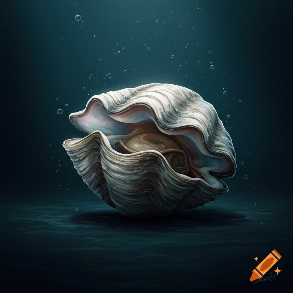 A large, detailed clam shell stands partially open underwater, surrounded by small bubbles. The shell has intricate wavy textures.