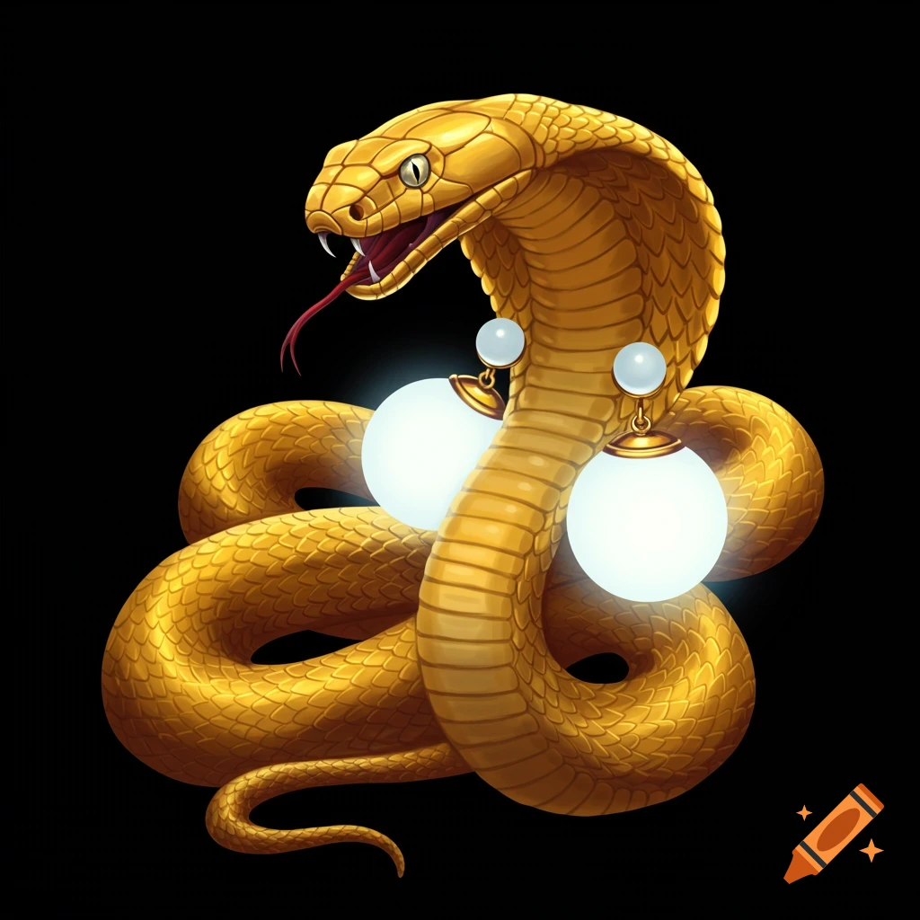 A golden cobra adorned with glowing white ball earrings, set against a dark background.