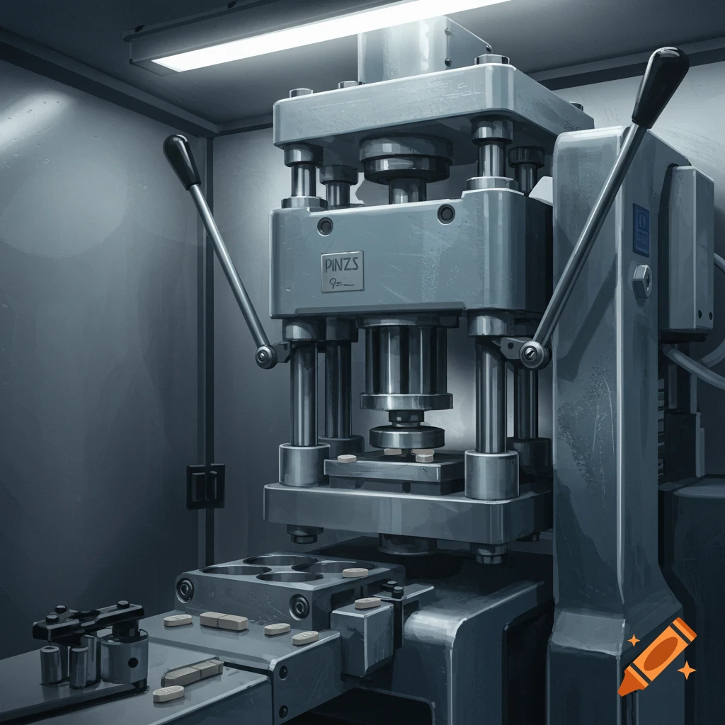 A large, grey industrial pill press machine with small white tablets on its conveyor belt in a dimly lit room.