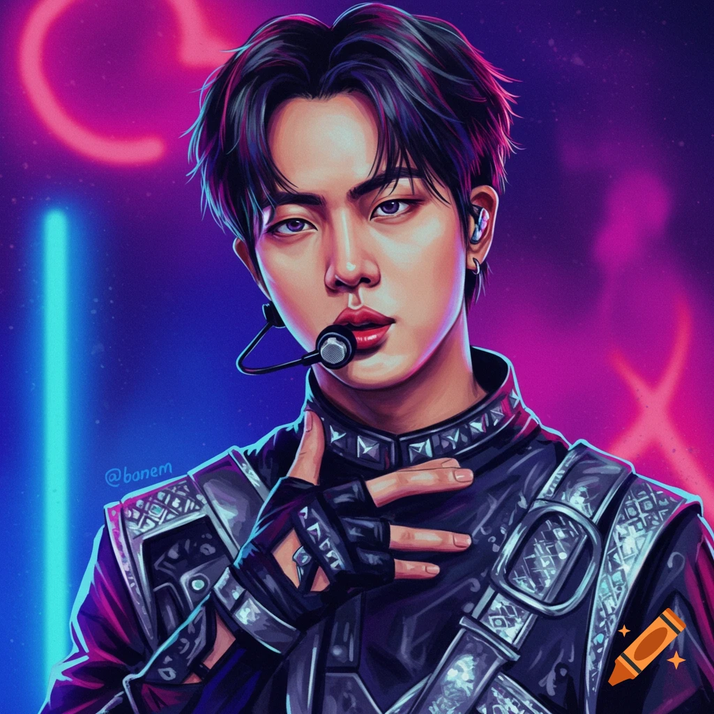 Stylized portrait of a male K-pop idol in a dark, futuristic outfit with a mic, illuminated by neon lights.