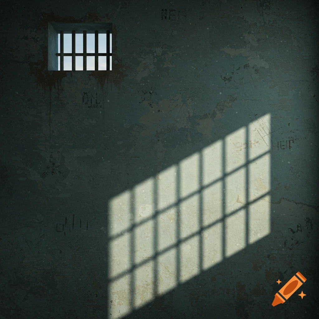 Photorealistic image of a stark prison cell wall with a barred window casting a grid shadow.
