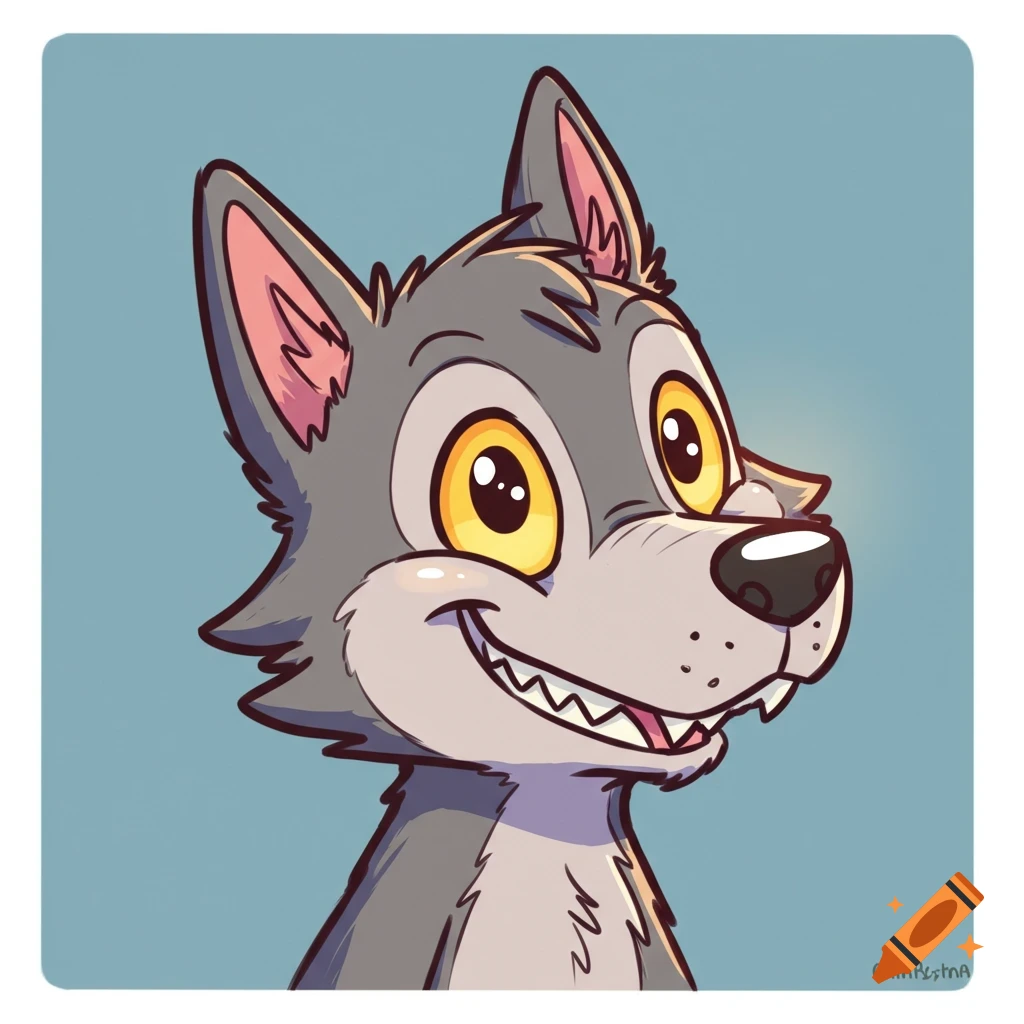 Smiling cartoon wolf head with big yellow eyes against a light blue background.