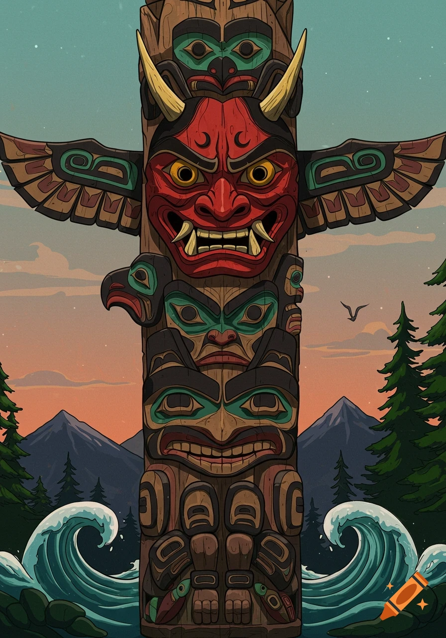 Wooden totem pole with a red horned Oni mask and other carved faces, against a sunset sky with mountains, trees, and waves.