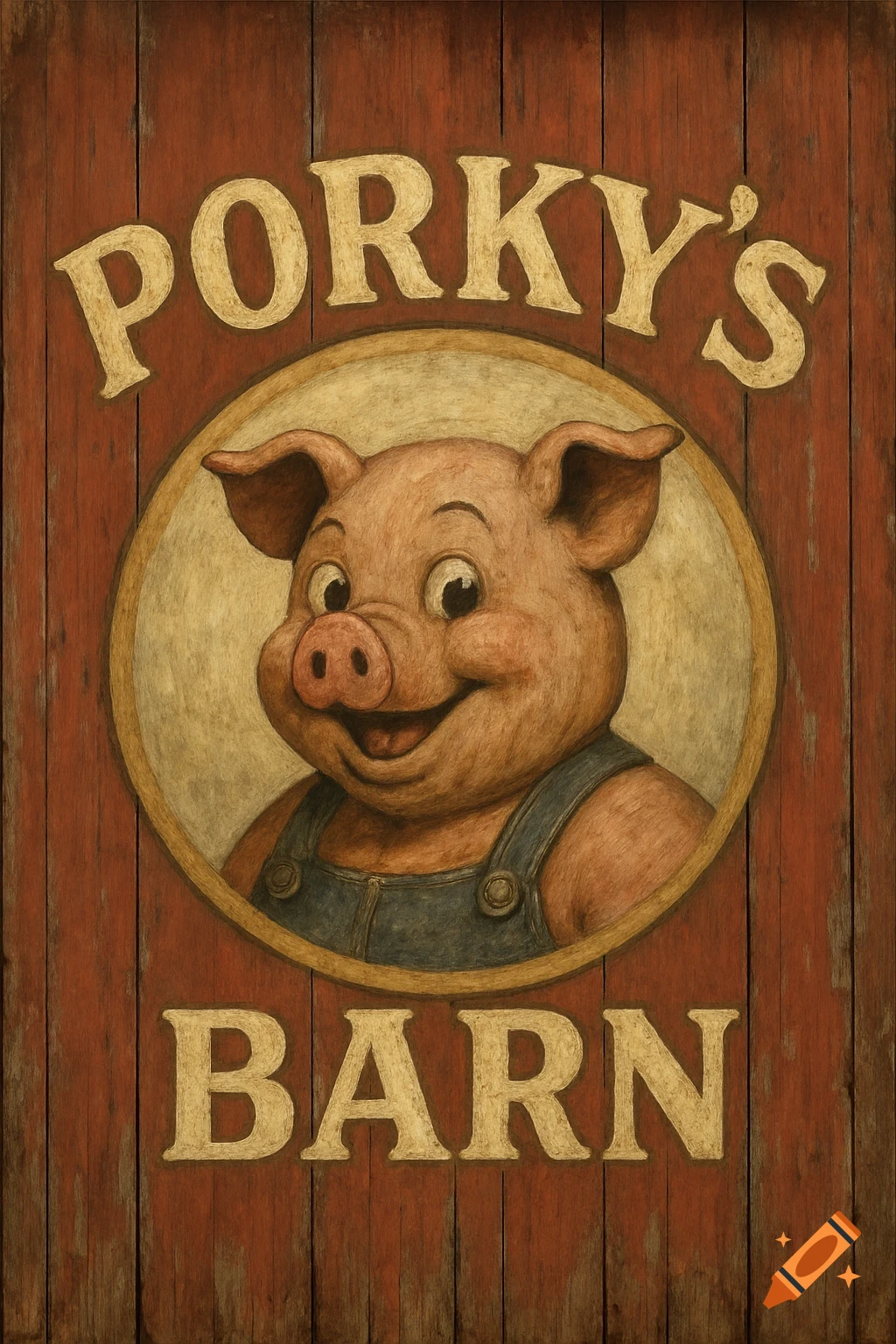 A rustic wooden sign features a smiling cartoon pig in overalls inside a circle, with the words "PORKY'S BARN" above and below.