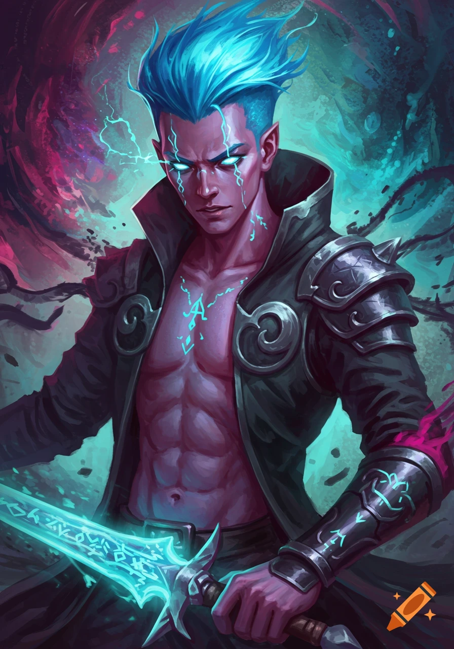 A stylized fantasy portrait of a lean male character with glowing blue hair, pointed ears, and purple skin, covered in glowing arcane symbols. He wears a dark, armored coat and holds a glowing teal sword.