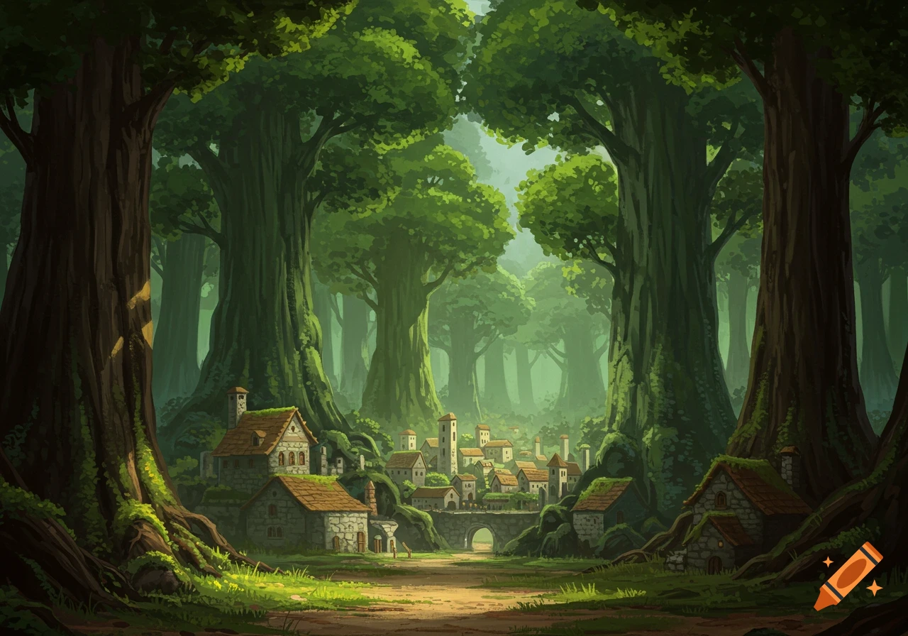 A fantasy village with stone houses nestled between giant, moss-covered trees in a lush, green forest.