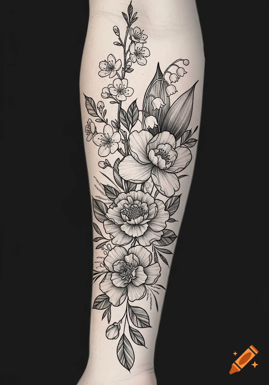 Black and white floral tattoo of cherry blossoms, lilies, marigolds, and peonies on an arm.