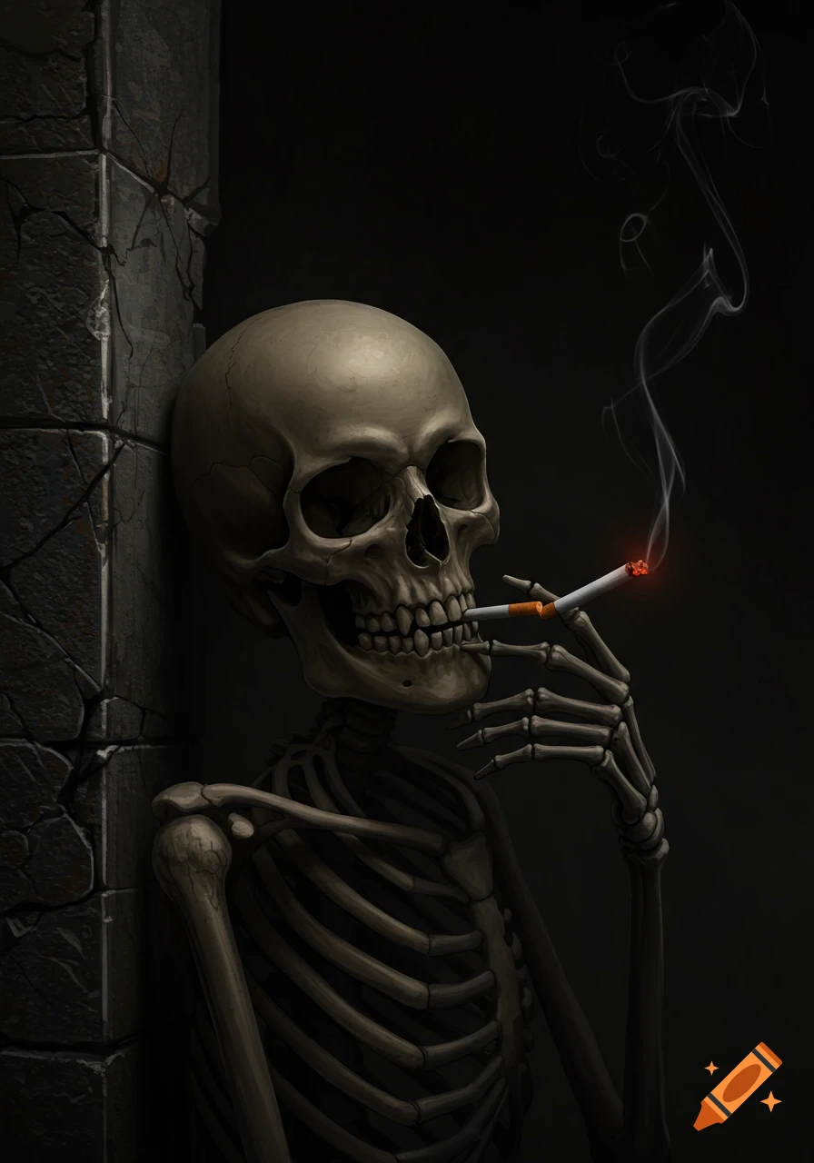 A skeleton in a dimly lit, dark setting leans against a cracked wall, smoking a cigarette.
