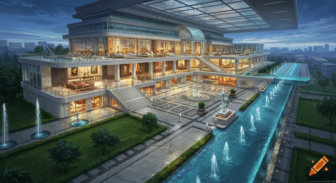 A photorealistic rendering of a grand, modern multi-story palace with extensive glass, balconies, and a long outdoor pool with fountains at dusk.
