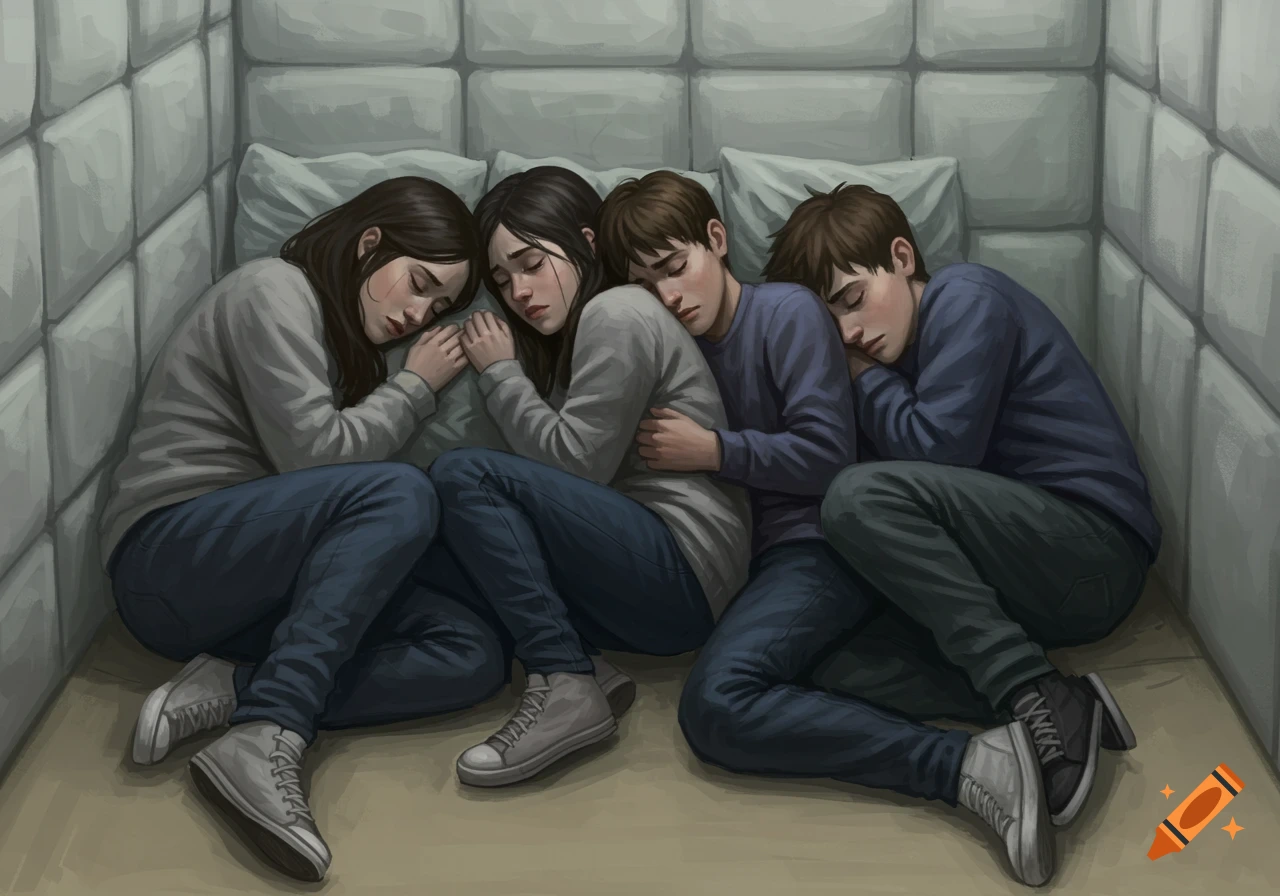 Four sad teenagers, two girls and two boys, sleep and cuddle together on the floor of a light grey padded room, appearing scared.