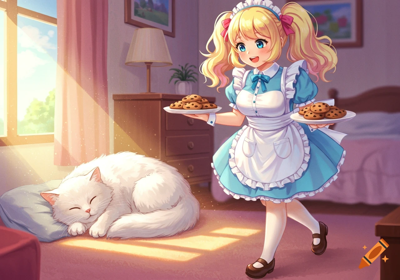 A blonde anime maid in a blue and white uniform holds two plates of cookies while a fluffy white cat sleeps on a pillow in a sunlit room.