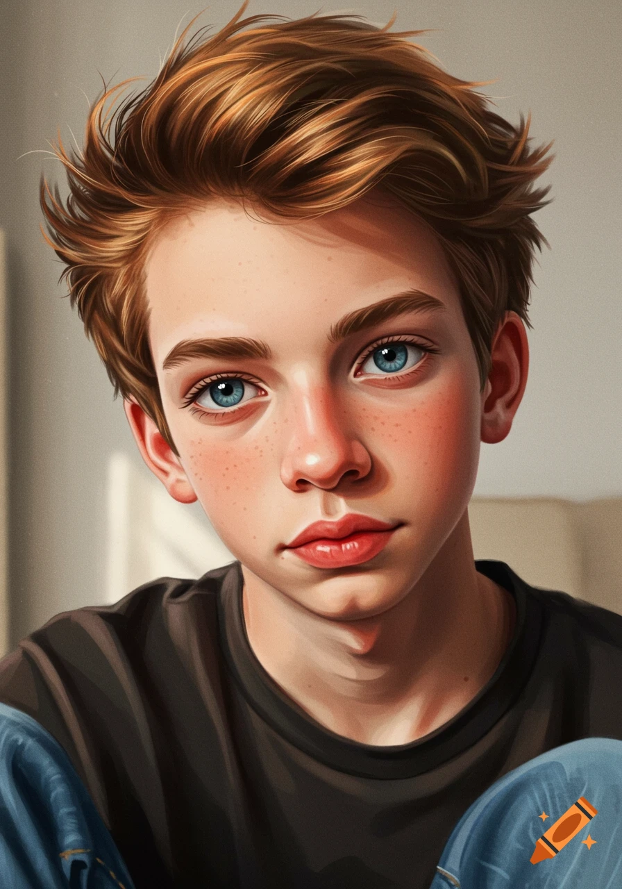 Close-up digital art portrait of a fair-skinned young boy with blue eyes, freckles, and reddish-brown hair.