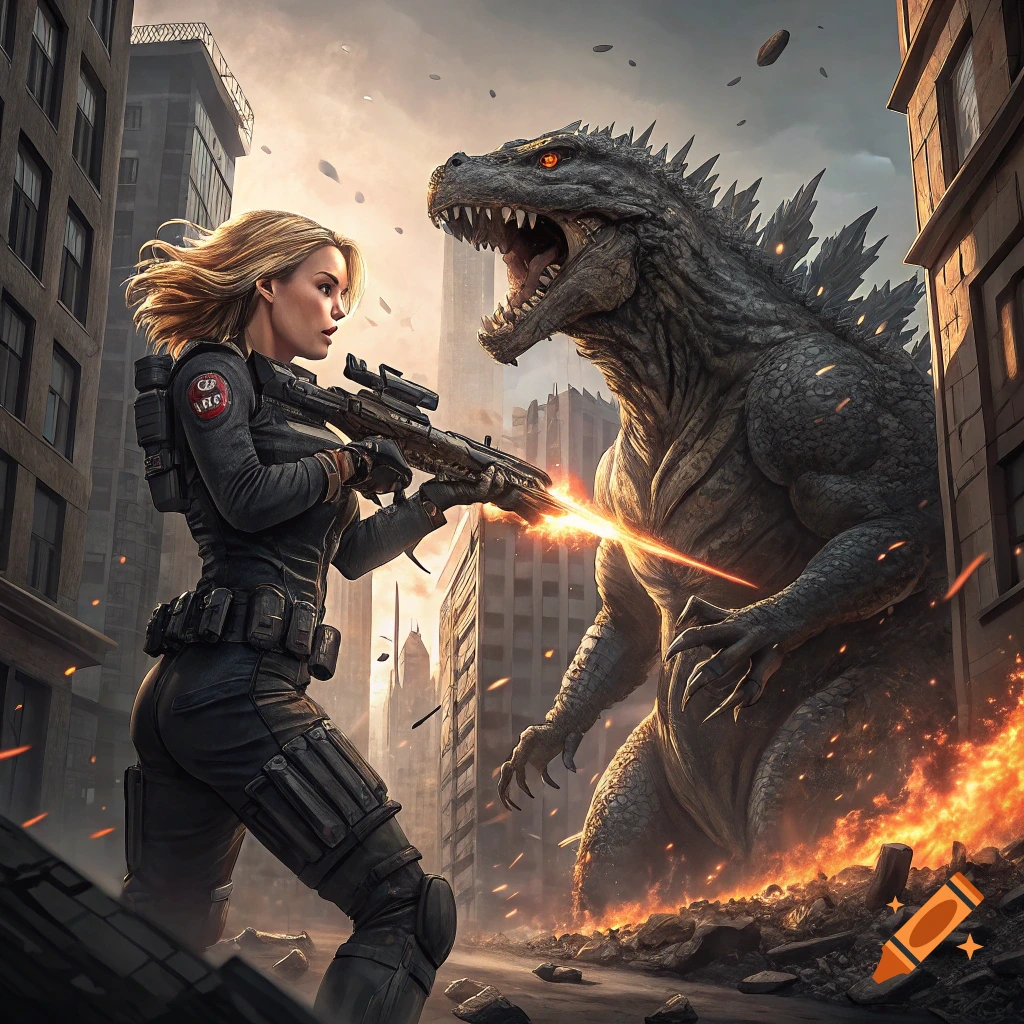 A woman in tactical gear fires a laser from a rifle at a roaring Godzilla-like monster in a destructed city, amidst fire and debris.