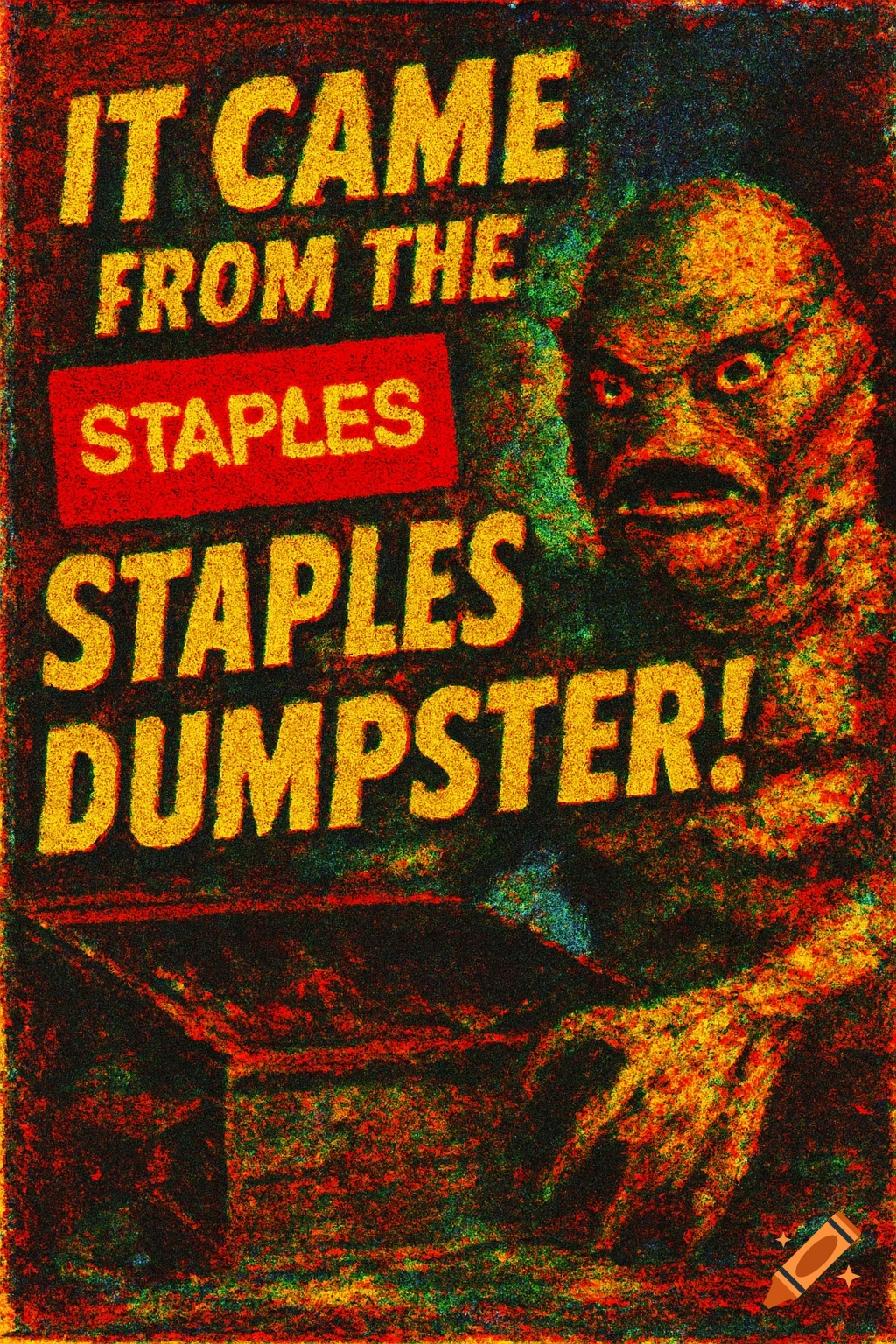 Distressed, grainy horror movie poster parody featuring a creature resembling the Creature from the Black Lagoon next to a dumpster, with text that reads "IT CAME FROM THE STAPLES STAPLES DUMPSTER!".