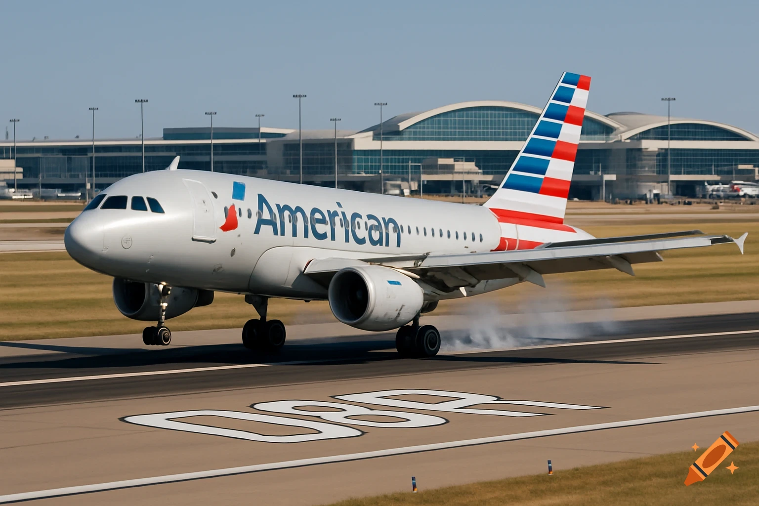 A white American Airlines A319 airplane lands on runway 08R at Dallas Fort Worth International Airport, with an airport terminal in the background.