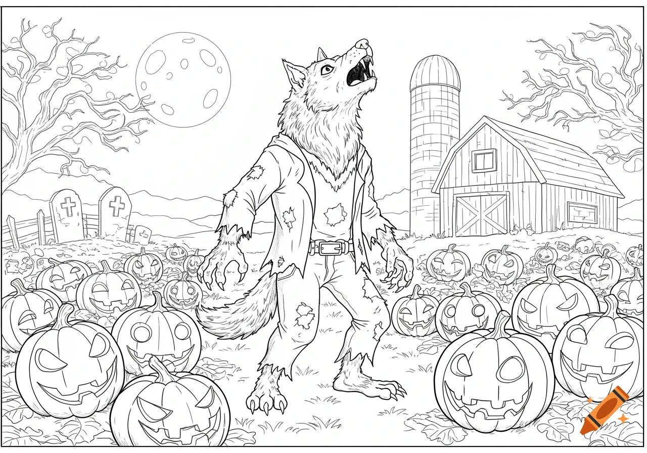 Line art coloring page of a cartoon werewolf in torn clothes howling at a full moon in a pumpkin patch with a barn and graveyard.