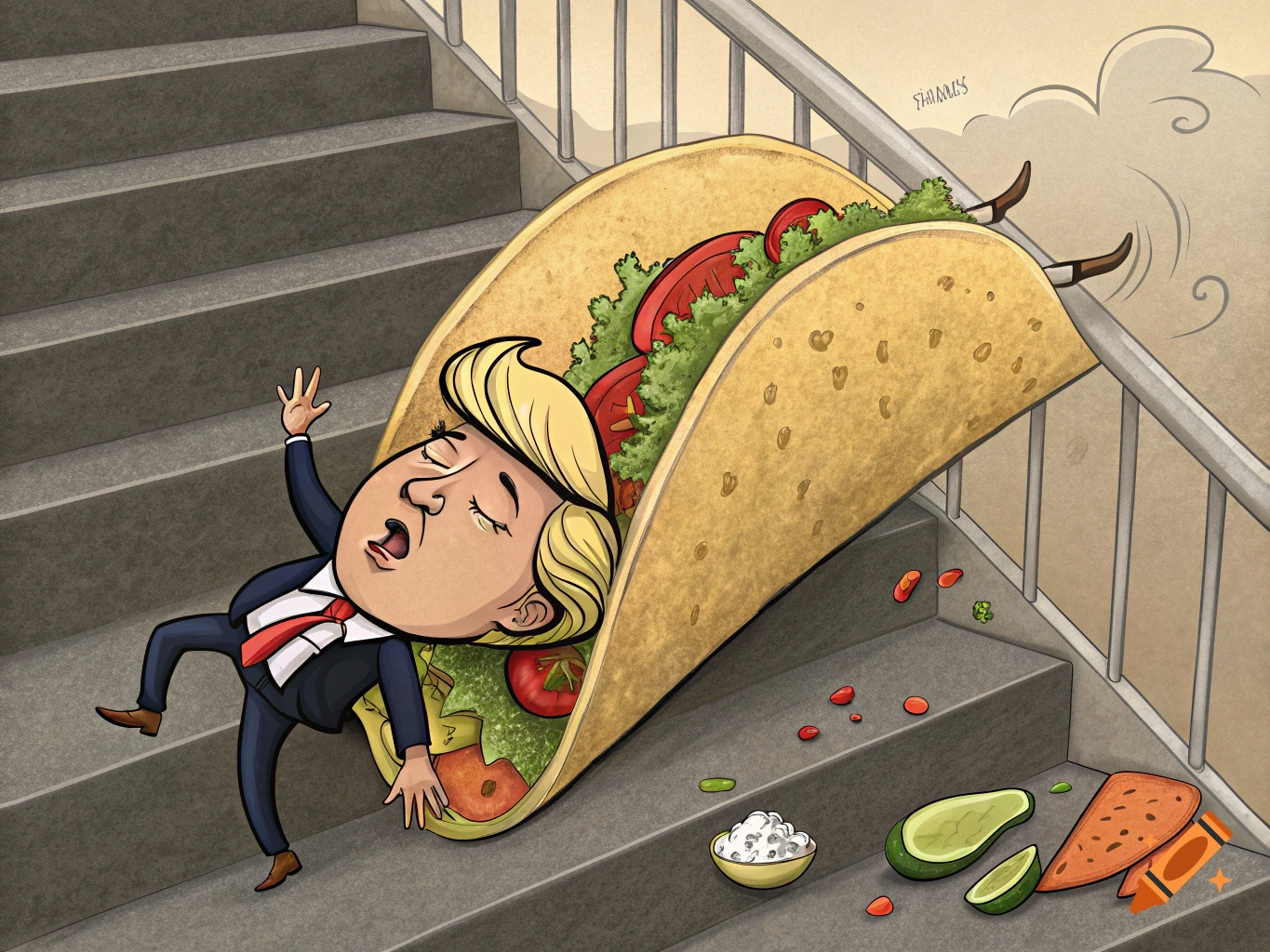 Cartoon caricature of Donald Trump falling out of a giant taco down stairs, with taco ingredients spilling.