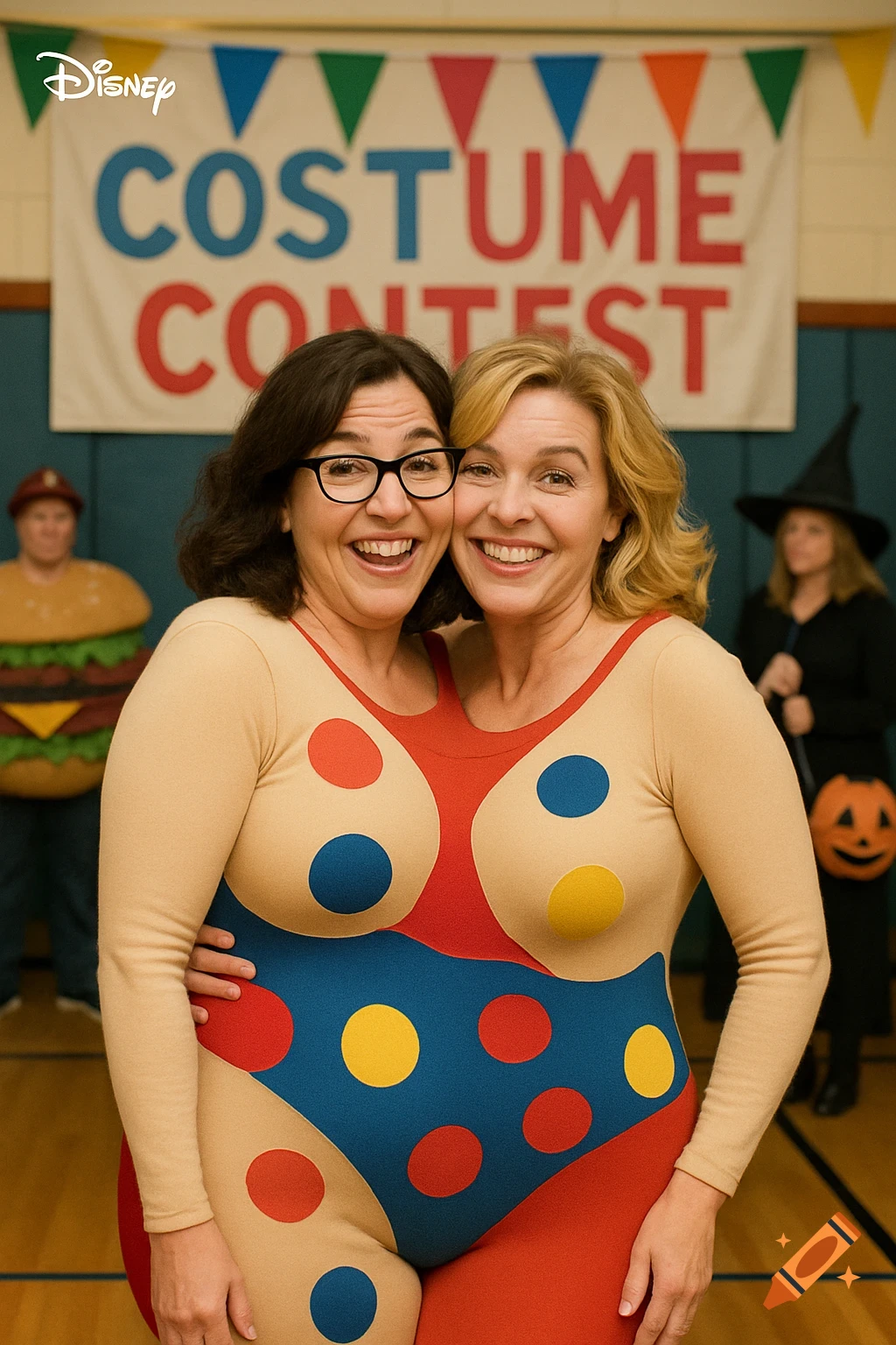 Two smiling women in a large conjoined polka-dot costume hug at a costume contest, with other costumed people in the background.
