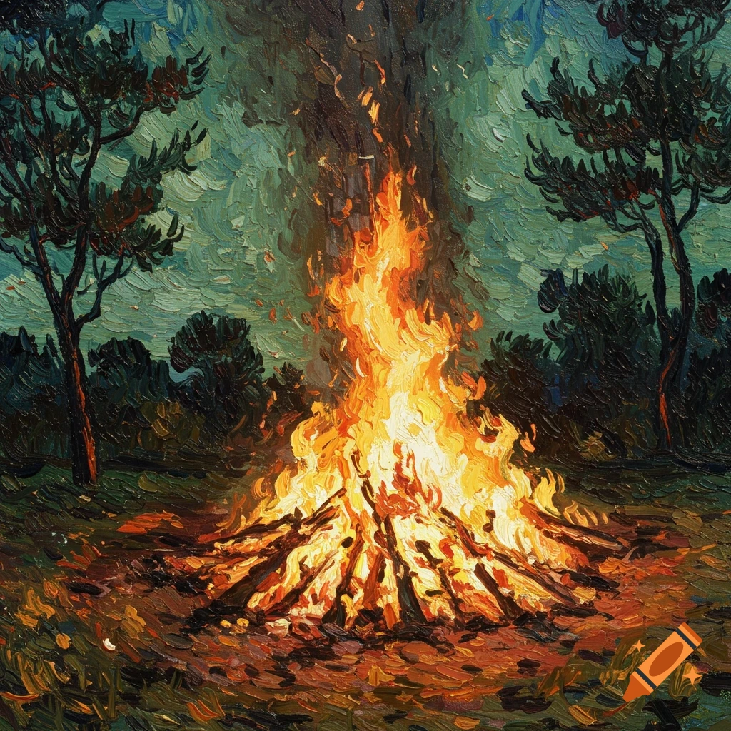 A vibrant bonfire burning in a field with trees, rendered in the impasto style of Van Gogh.