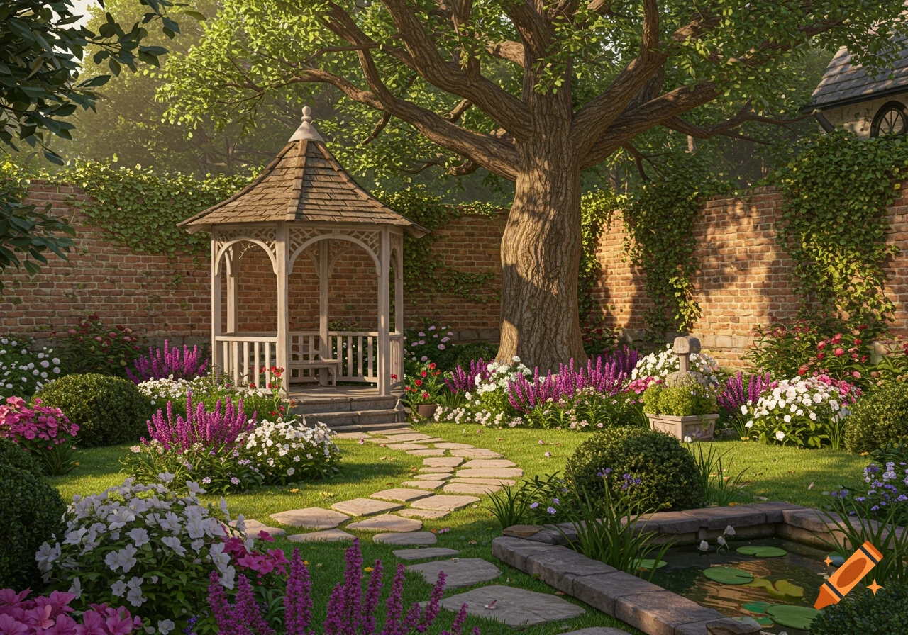 A lush, photorealistic courtyard garden featuring a white wooden gazebo, stone path, pond, and vibrant flowers under a large tree.