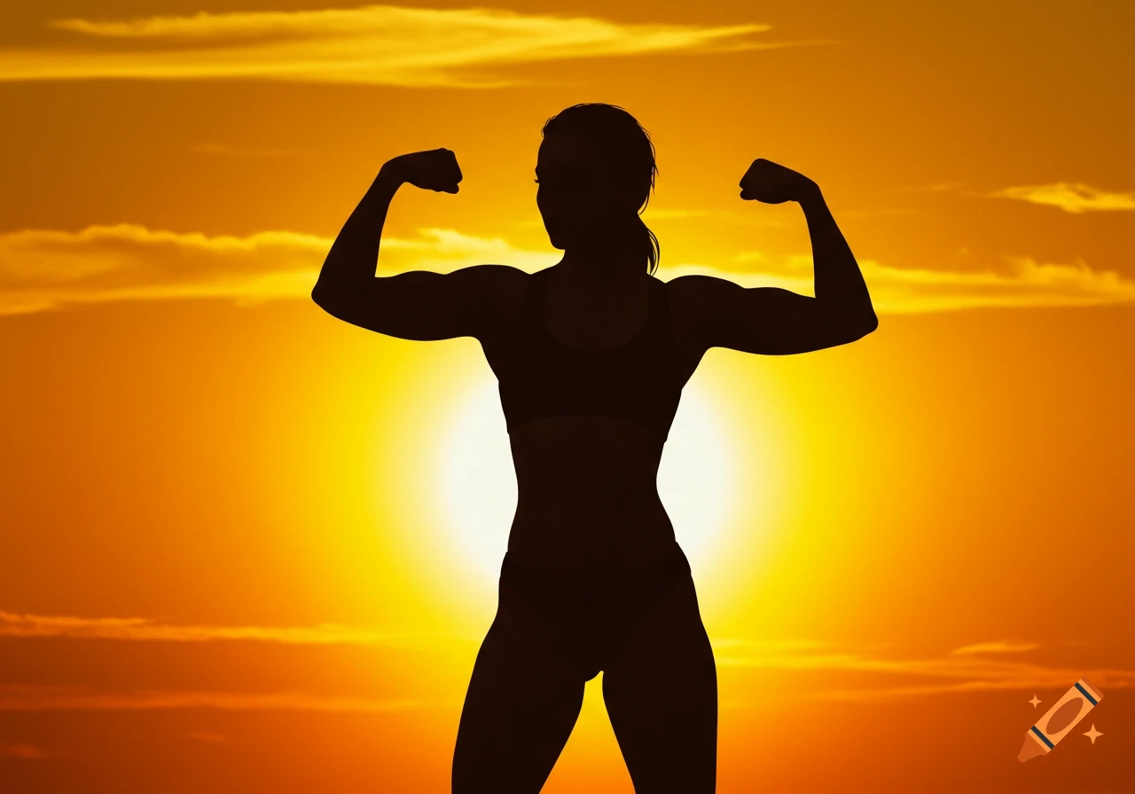 A silhouette of a muscular woman flexing her biceps against a vibrant orange and yellow sunset.
