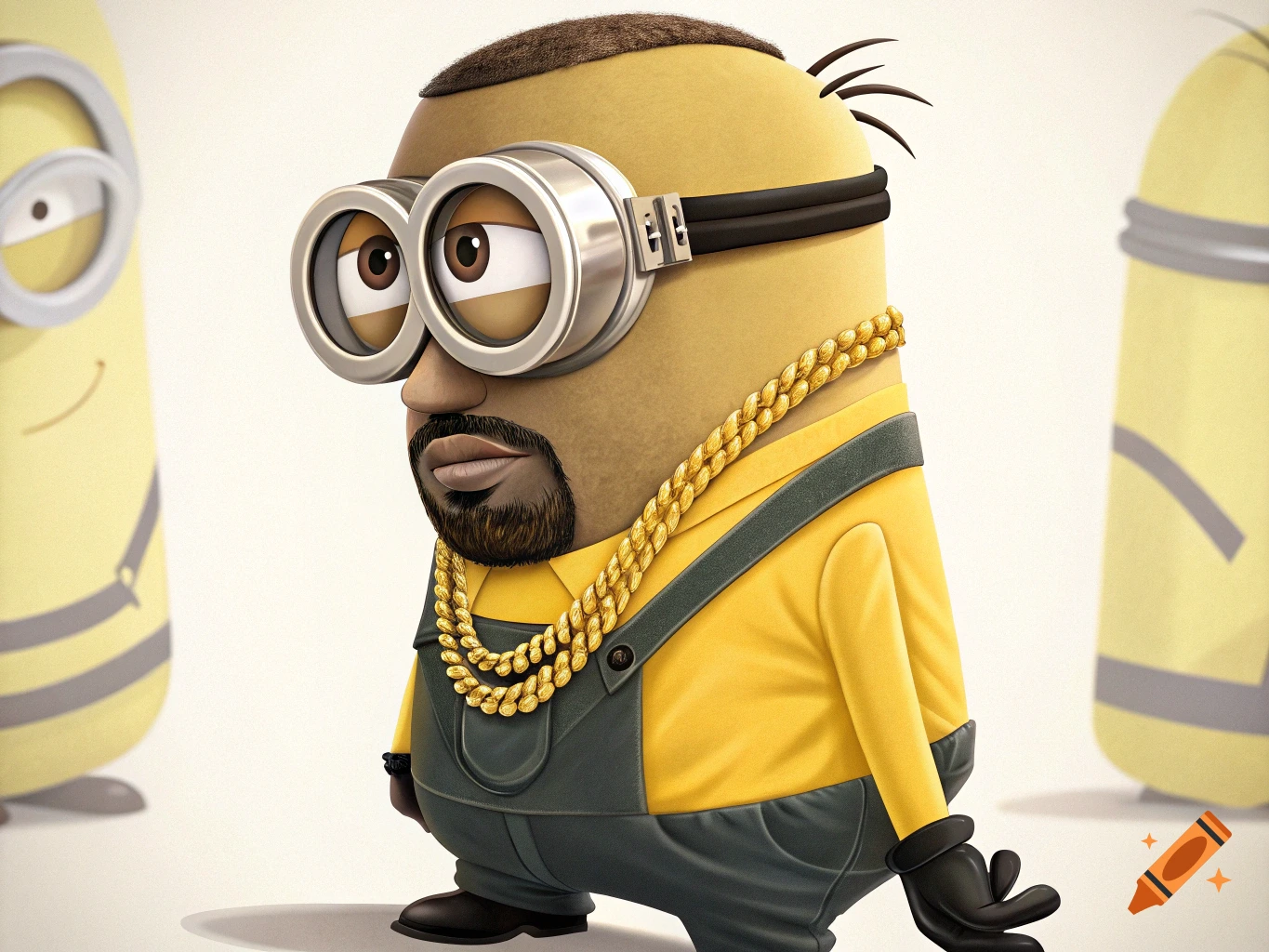 A Minion character with Kanye West's facial features, beard, and gold chain, wearing overalls and a yellow shirt.