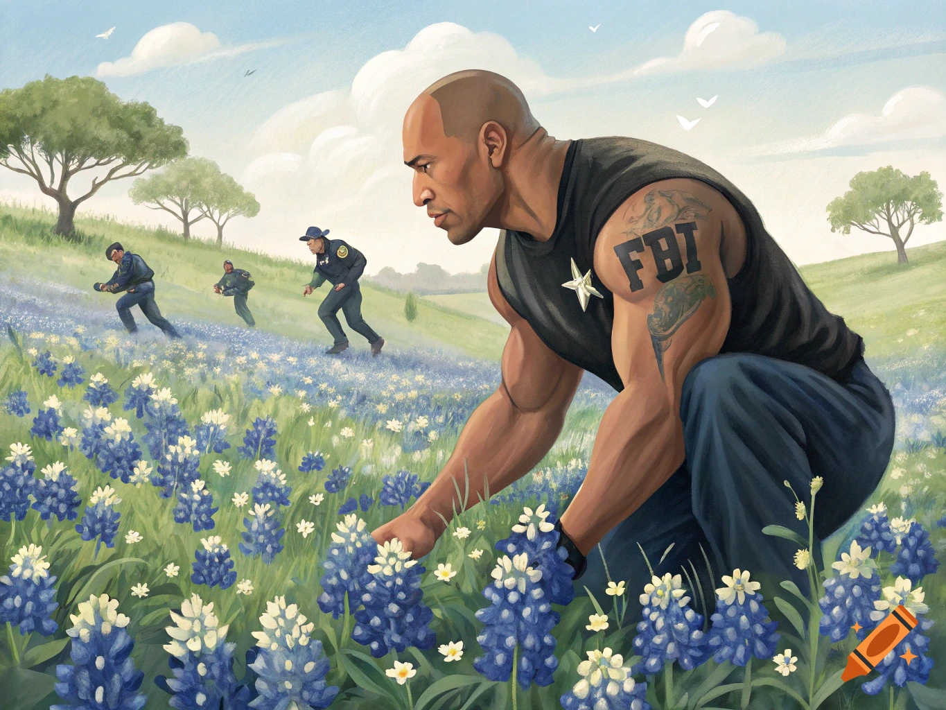 Dwayne 'The Rock' Johnson picks bluebonnets in a field while FBI agents chase him in an illustrative style.