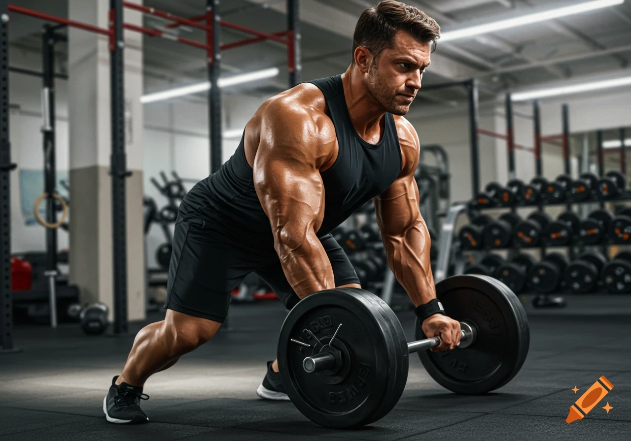 A muscular man in a black tank top and shorts performs a barbell row in a modern gym setting.