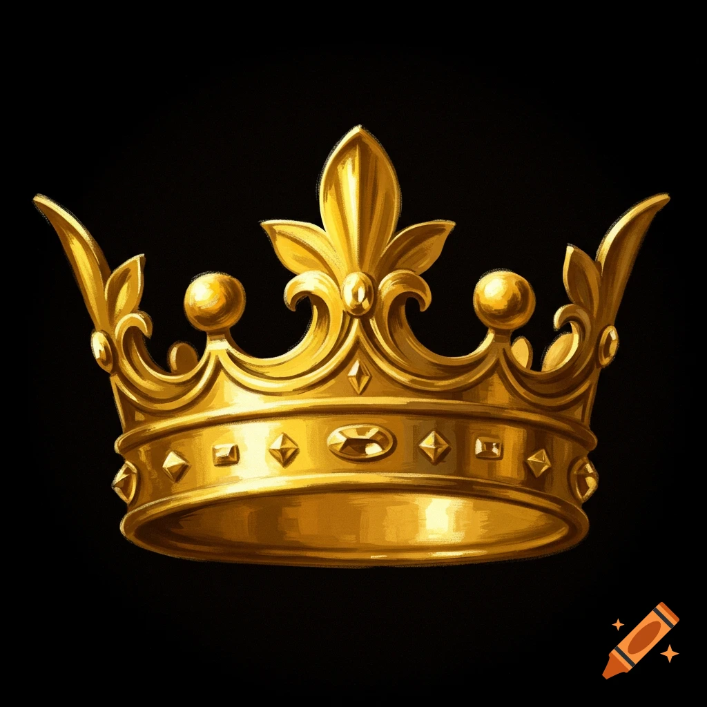 An ornate golden crown with intricate designs and jewel-like details on a solid black background.