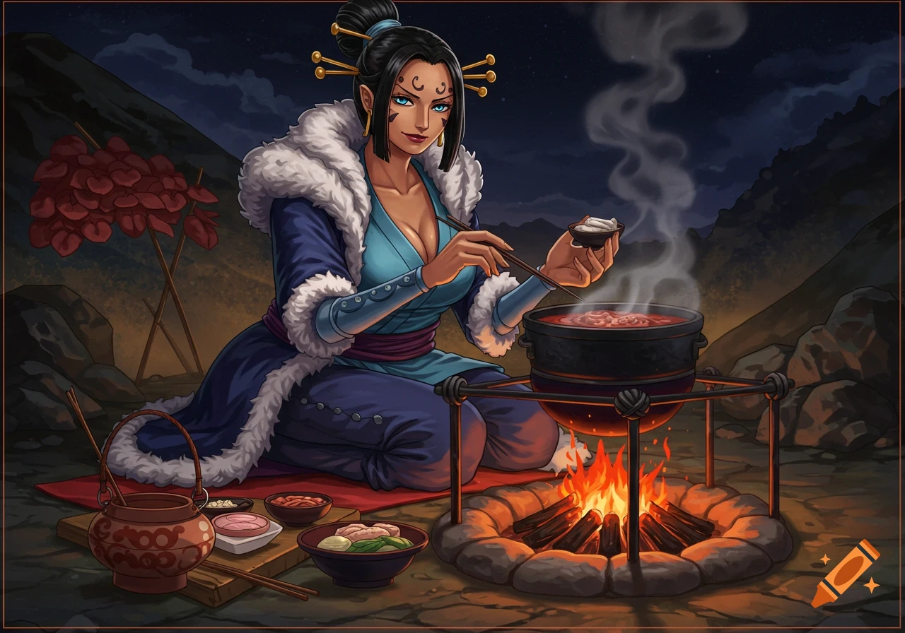 A beautiful Japanese woman in a fur-lined blue outfit cooks a meal over a campfire at night, in an anime style.