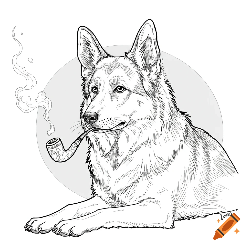 Line art illustration of a German Shepherd dog smoking a decorative pipe.