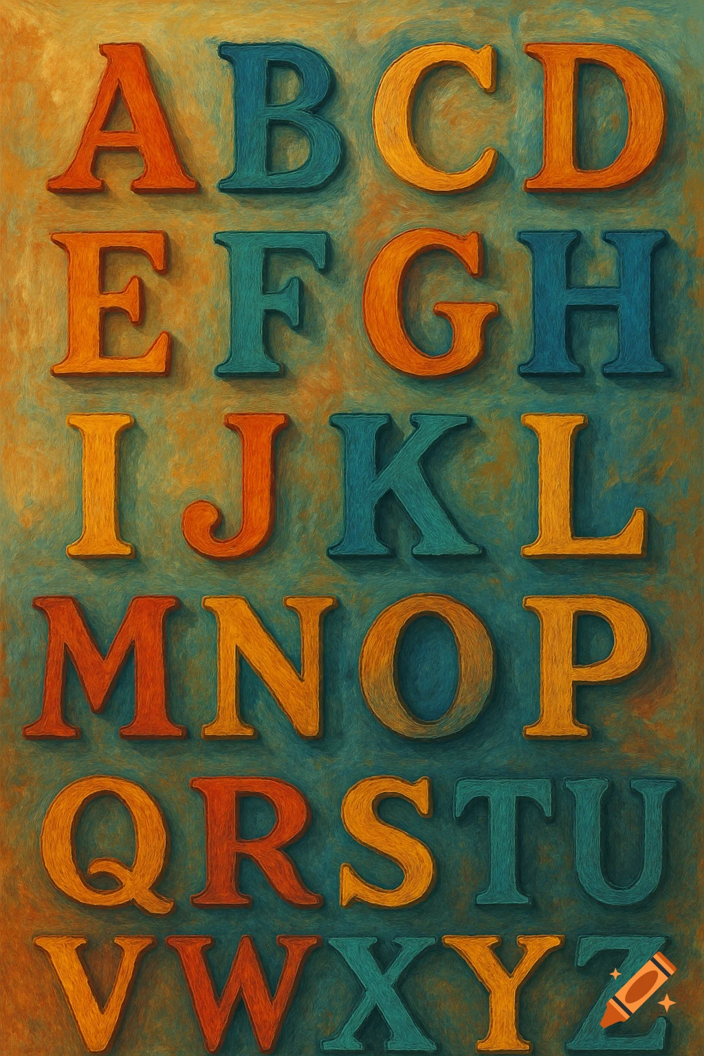 The English alphabet from A to Z, rendered in colorful, textured block letters on a muted, painterly background.