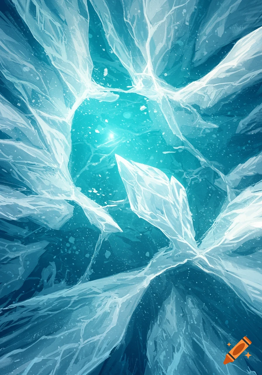 Abstract view of jagged blue and white ice formations, with a bright glow emanating from the center.