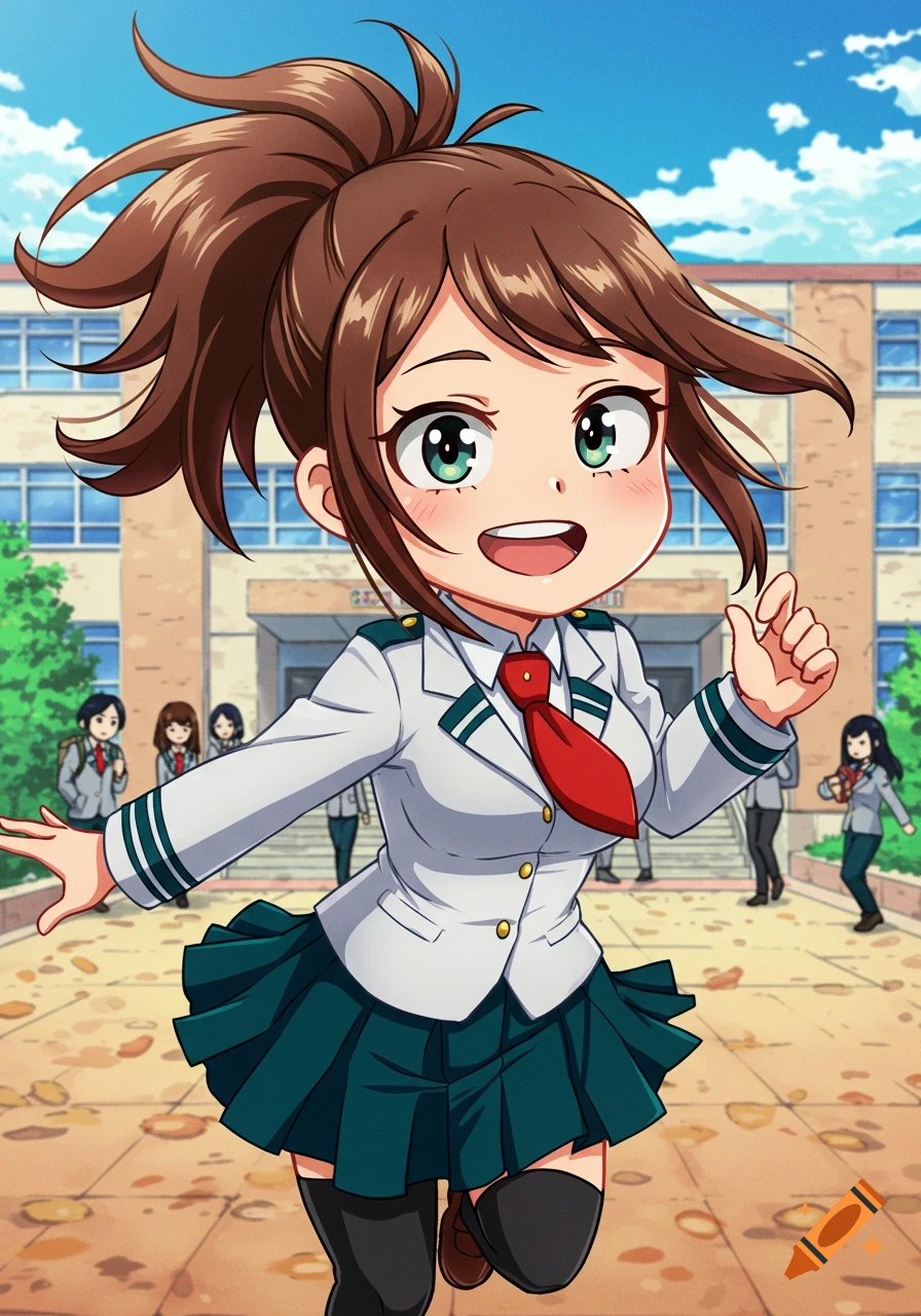 A cute anime girl with brown hair in a high ponytail, wearing a white school uniform with a red tie, running and smiling in front of a school building.