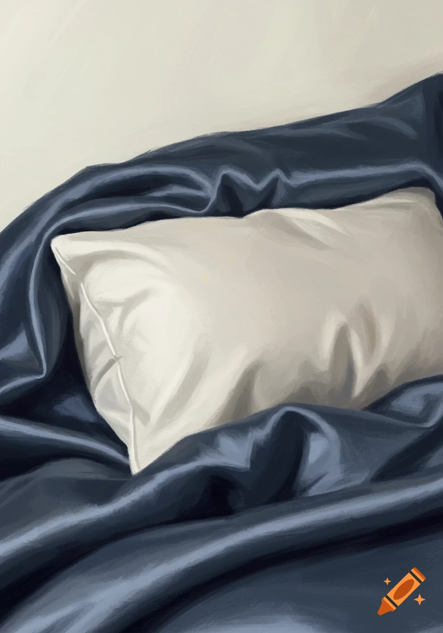 A white pillow is nestled in dark blue satin sheets, depicted in a painterly style.