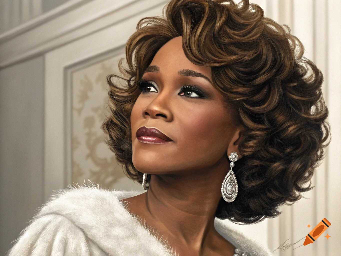 Photorealistic portrait of Whitney Houston with brown curly hair, looking up, wearing a white fur coat and diamond earrings.