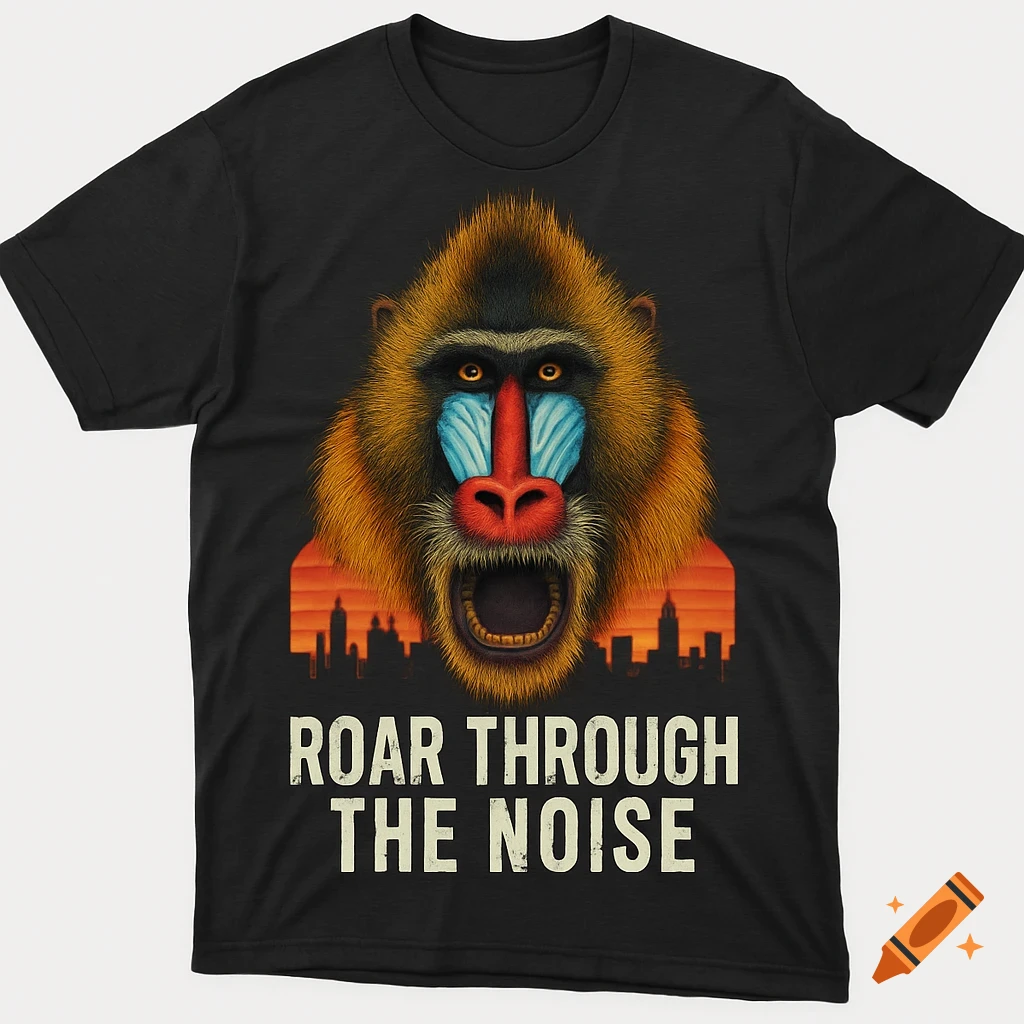 Black t-shirt with a detailed roaring mandrill head and city skyline, featuring the text 'ROAR THROUGH THE NOISE'.