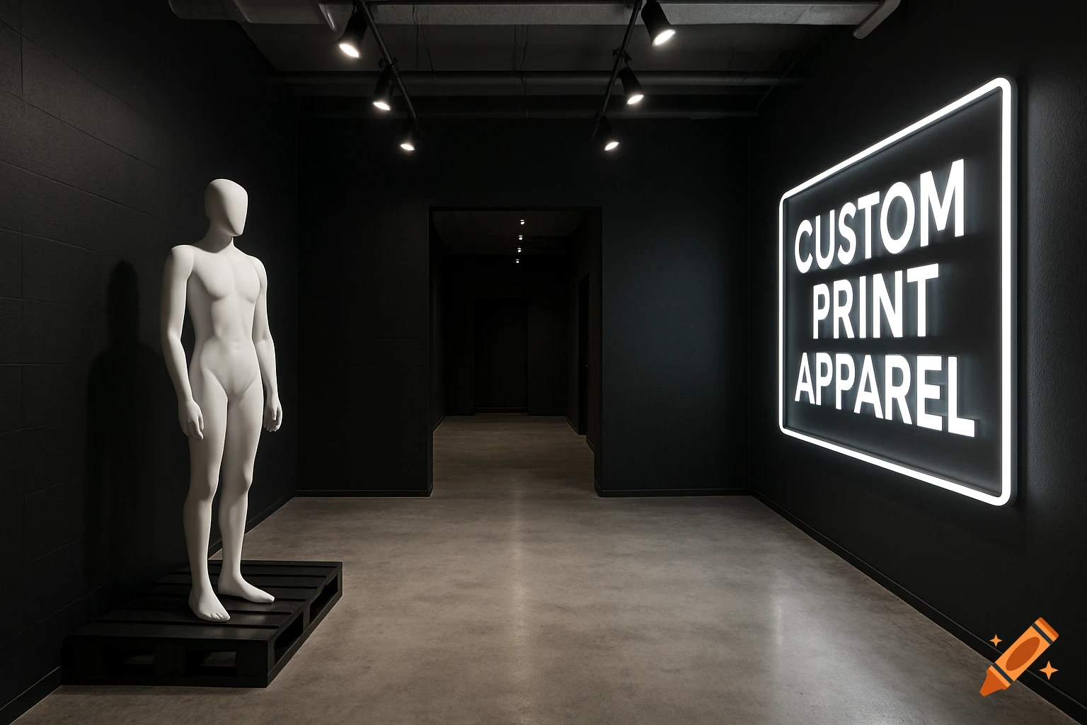 Modern industrial retail store entrance with a mannequin on a pallet and a backlit 'CUSTOM PRINT APPAREL' sign.