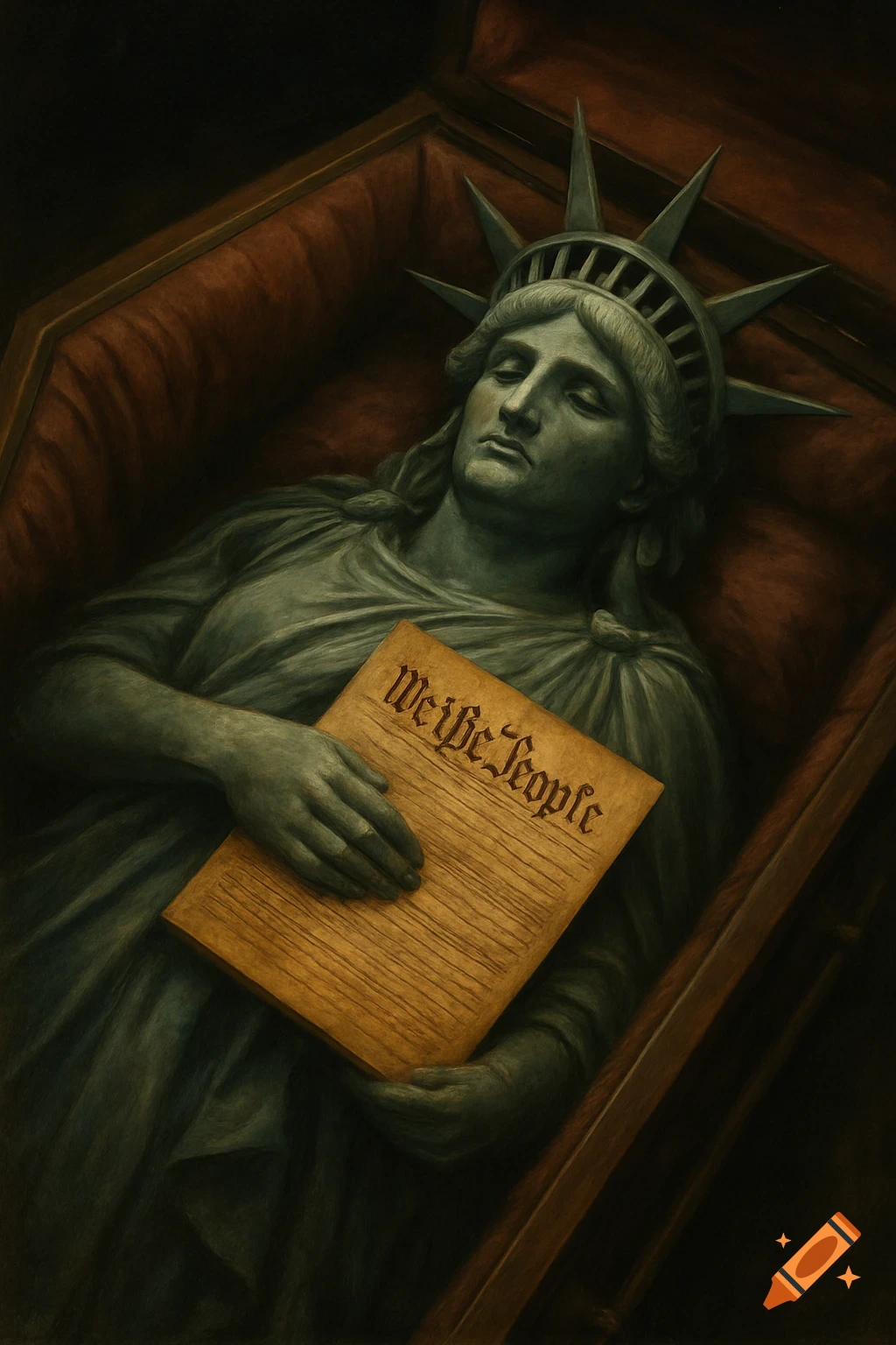 The Statue of Liberty lies deceased in a coffin, clutching a document inscribed 'We the People' in a somber, dark setting.